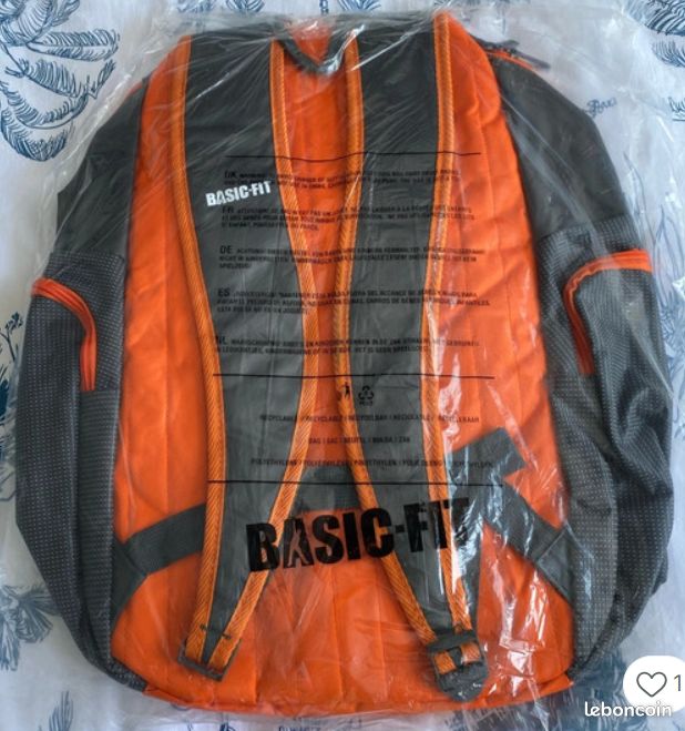 Sac à Dos Basic Fit Premium 34L - Gris/Orange - Grand Format 48x28x18 Cm (Neuf)
