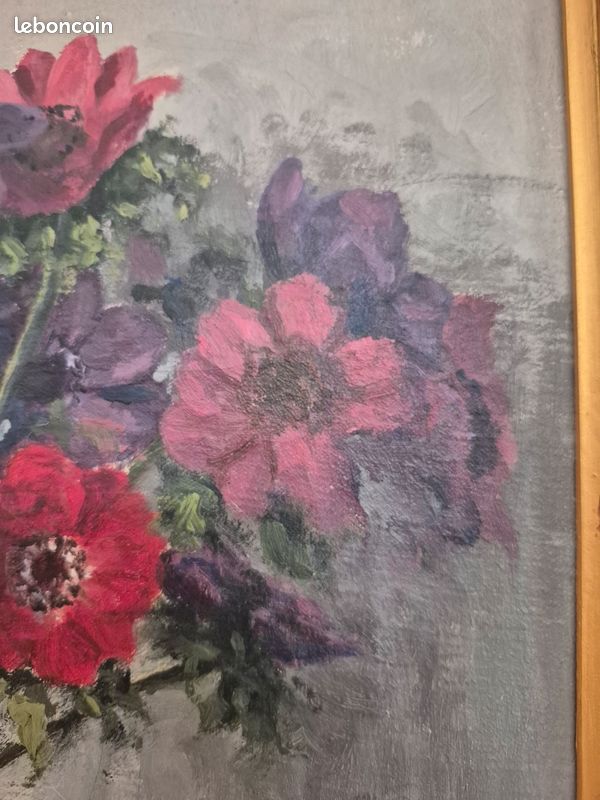 CLAUDE CHAUVIGNAC, ÉCOLE LYONNAISE, " pot fleuri et bouquet d'anèmones" huile sur toile 42 x 33 (6F) (image 5)