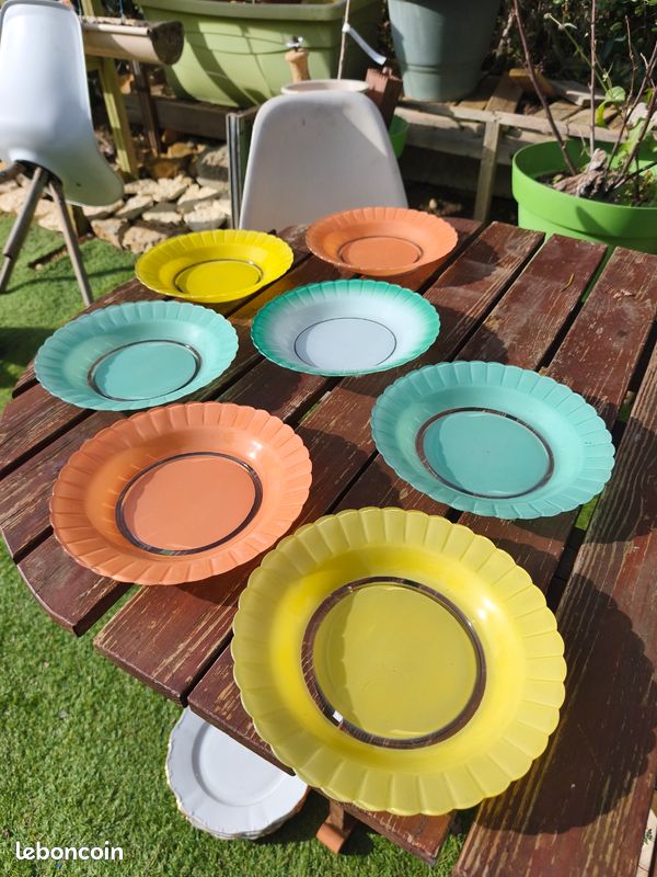 Lot Vintage Duralex Jaune : 7 Assiettes + 1 Plat Creux - Vaisselle Verre