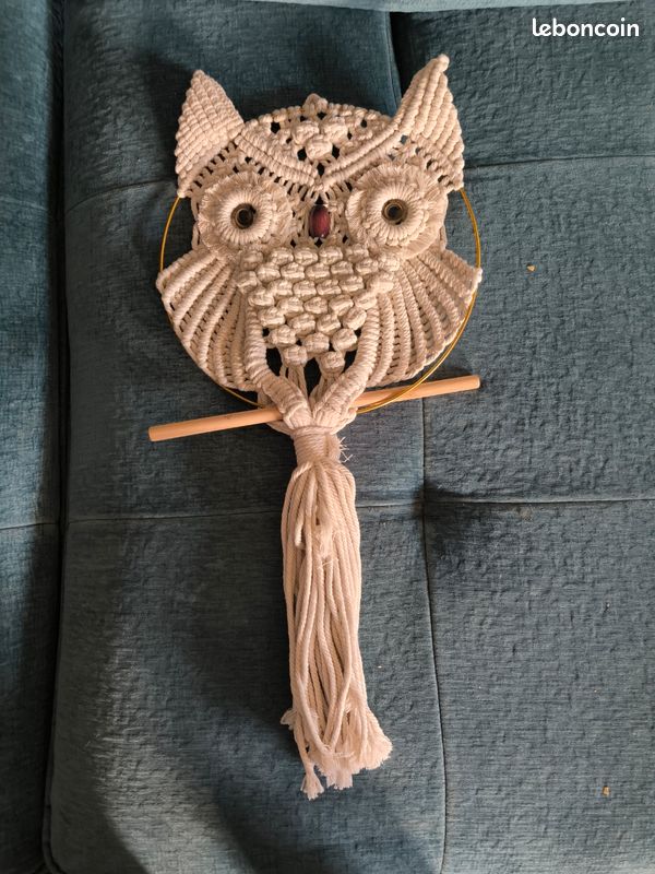 Macramé Hibou Sur Branche - Suspension Murale Boho - Fait Main