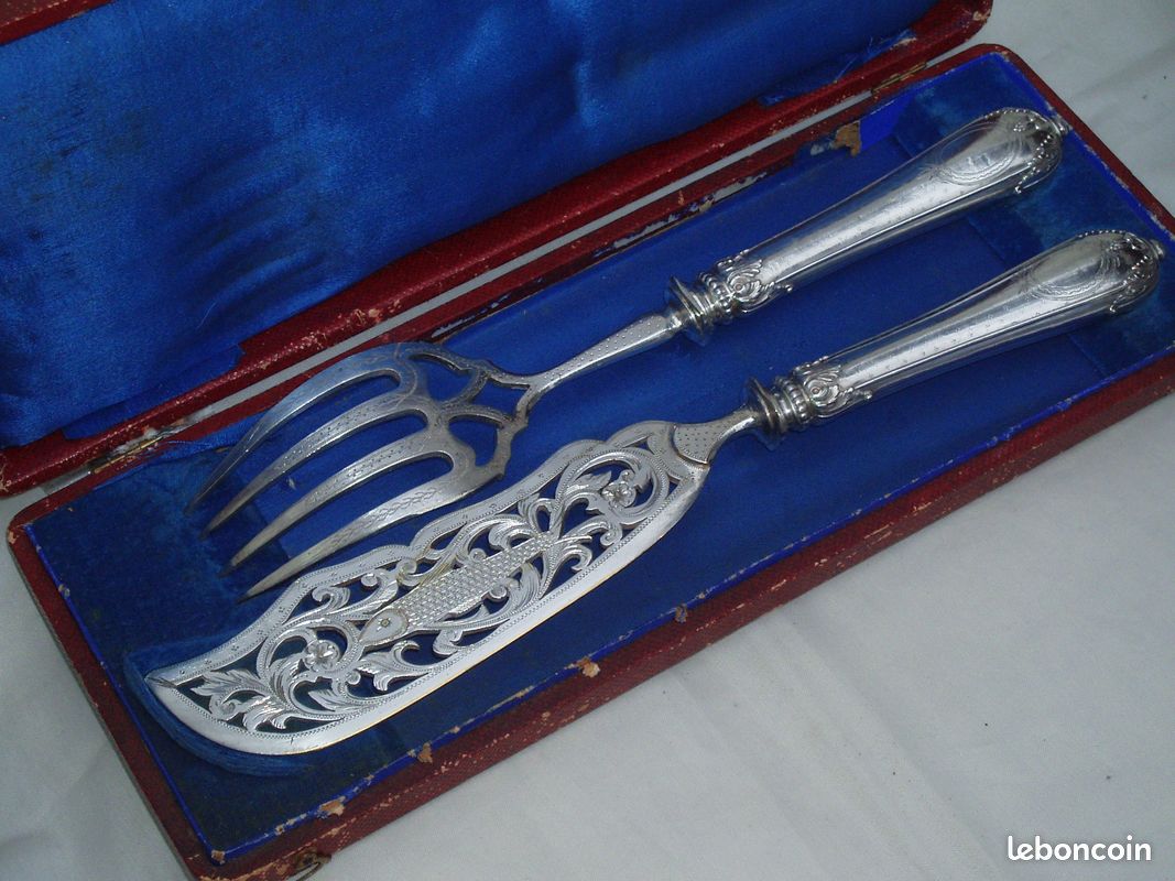 Service à Poisson Ancien – Manche Argent Massif (Poinçon Minerve) & Spatule Métal Argenté, Écrin