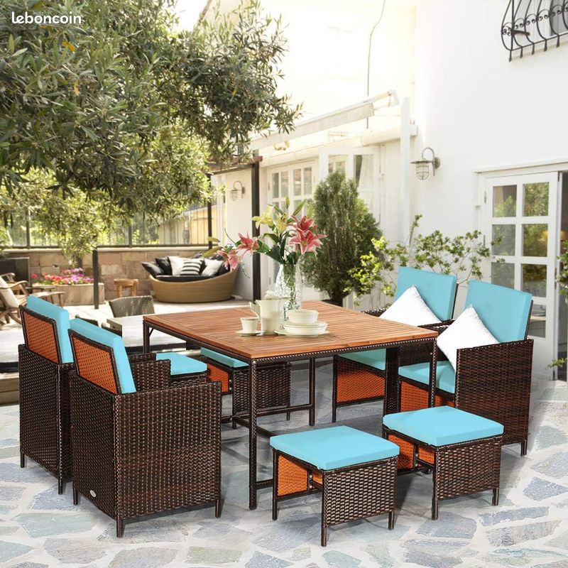Salon de Jardin Encastrable Rotin Marron -Table Plateau Bois Acacia - Fauteuils - Tabourets - Coussins Turquoise Déhoussables (image 4)