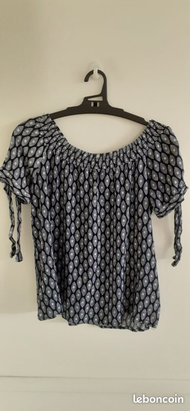 Tee-shirt bleu et blanc, col élastique, Gémo, 36 (image 1)