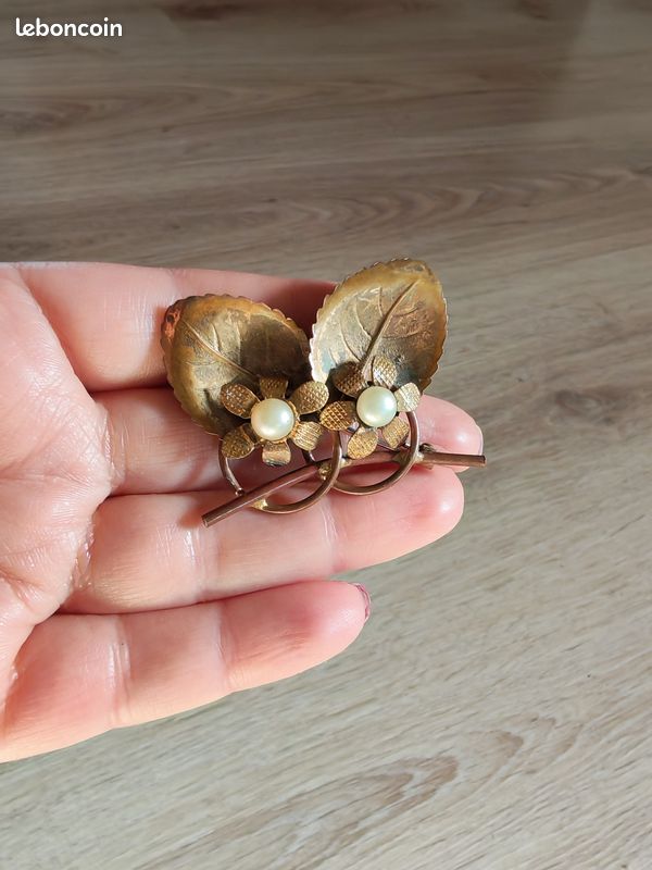 Broche Vintage Japonaise - Feuille Vert Et Doré Style Art Nouveau - 6,4 Cm