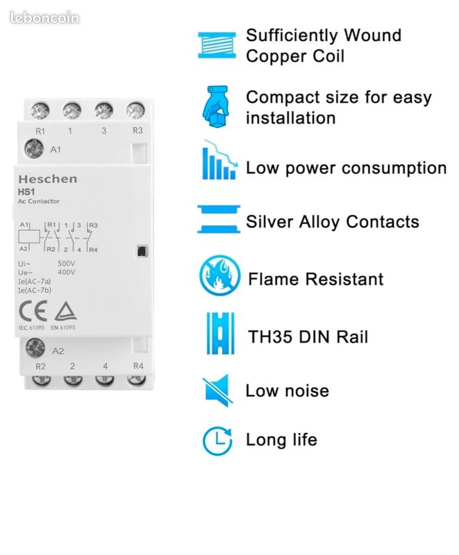 Contacteur Relais Domestique 16A Contacteur AC Heschen CT1-16 - 2 Pôles NO, Bobine 12V DC, 16A - Montage Rail DIN 35mm Contacteur AC 16A