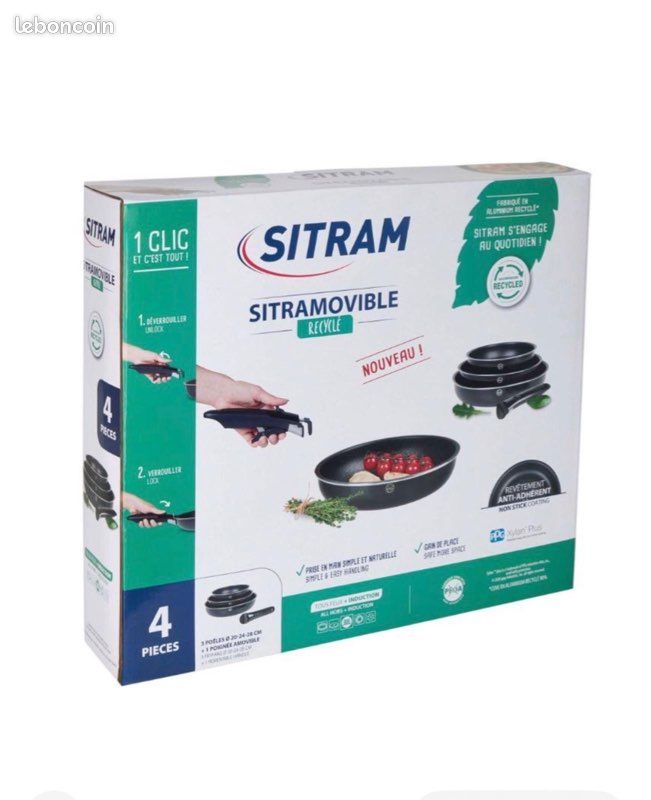 Destockage lot de 3 poêles sitram + manche amovible (image 1)