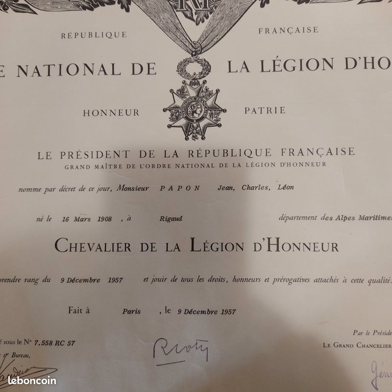 Légion d'honneur de Jean-Charles Léon Papon 1957 (image 2)