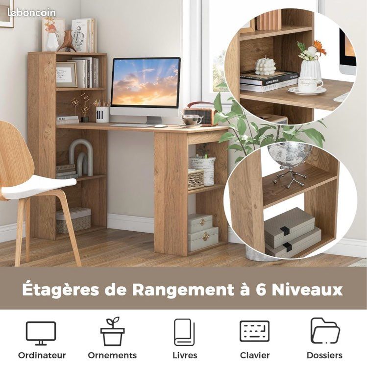 Tout neuf Bureau d'Ordinateur Réversible avec Bibliothèque, Poste de Travail Moderne avec Étagères de Rangement à 6 Niveaux, Assemblage Facile, pour Maison, Bureaux (Naturel) (image 3)