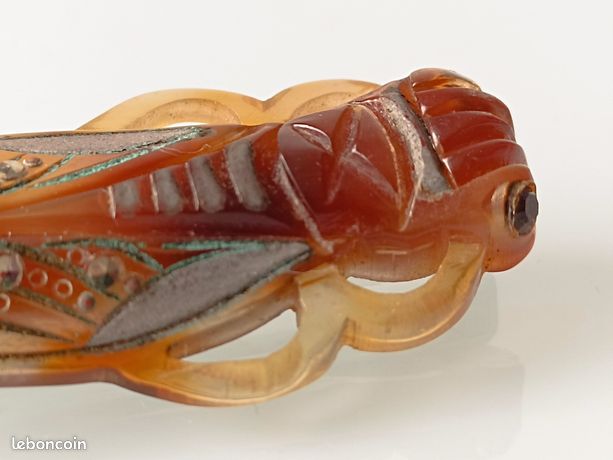 Ancienne Broche Art Déco Cigale - Celluloïd Ou Galalithe - Années 1930-1940 - 7,5cm