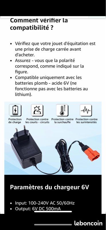 Chargeur de Batterie 6V pour Voitures/Jouets électrique Adaptateur de Batterie 6V Prise carrée Neuf 25 (image 9)