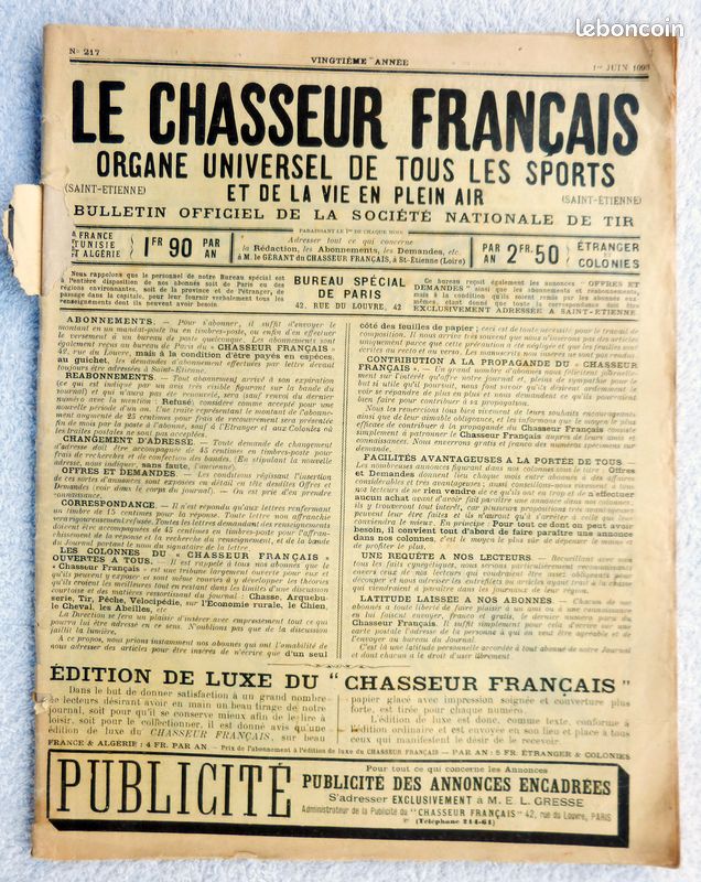 REVUE LE CHASSEUR Français N°172 organe universel de tous les sports