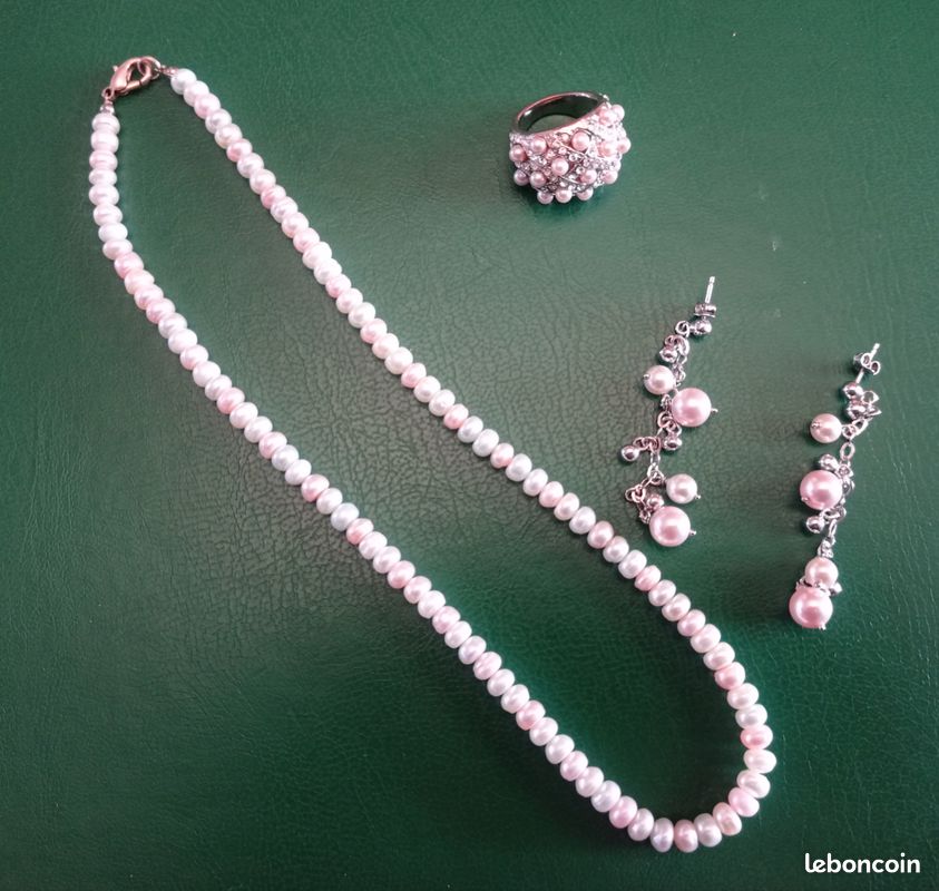 Parure perles de culture (collier BO bague 52) forme originale vintage état neuf (image 2)