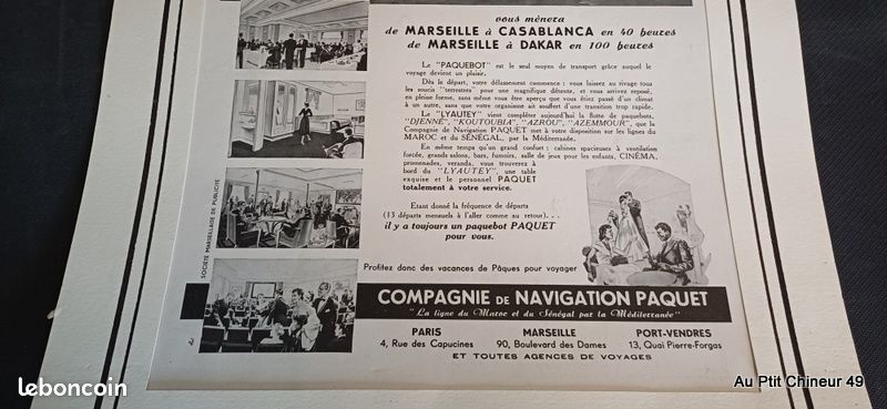 Publicité ancienne paquebot Lyautey les croisières Paquet 1952 issue de
