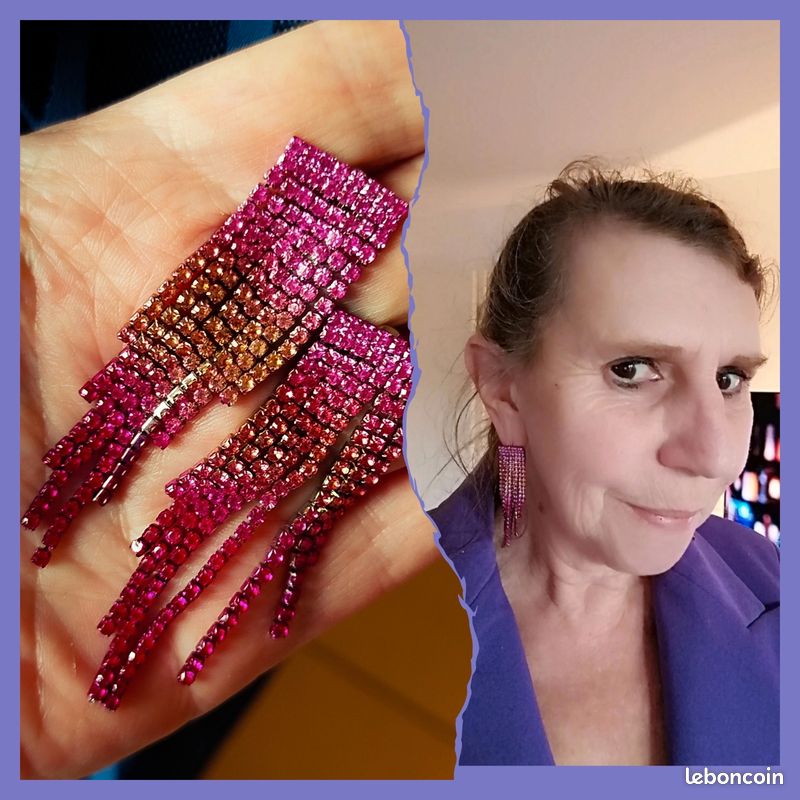 Boucles D'Oreilles Pendantes En Cristal & Strass Fuchsia - Marque Française Tres.Or - Fermoir Dormeuse