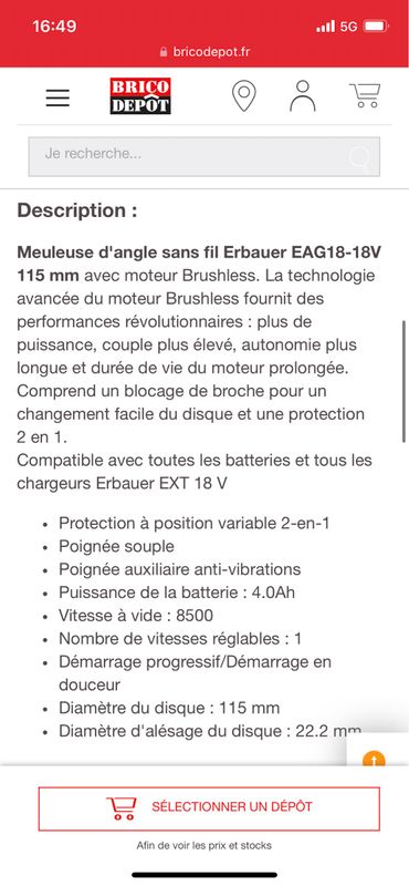 Meuleuse sans fil brushless 115 mm 18V - EAG18-Li - Brico Dépôt