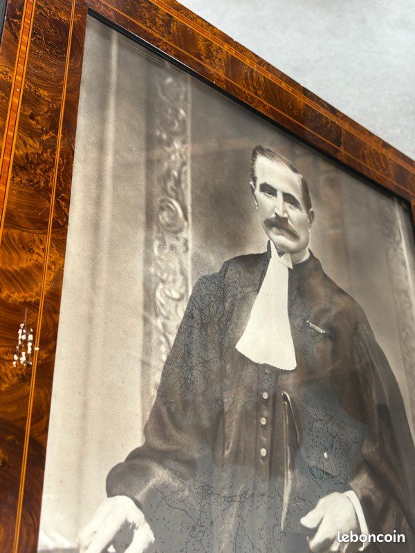 Portrait Ancien Juge Avocat - Grand Cadre Marqueterie Bois Précieux 19ème/20ème (image 10)
