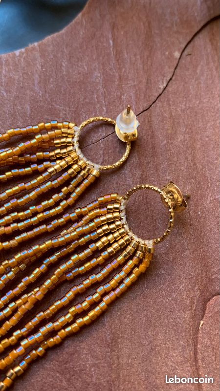 Boucles d'oreilles à franges oranges et dorées 24ct en perles japonaises style boheme (image 5)