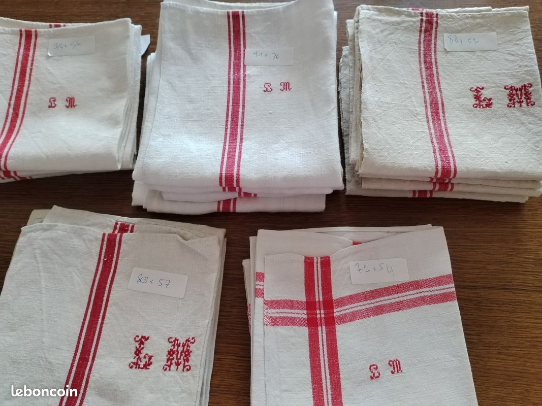 LOT DE 6 Torchons Anciens Neufs , métis et lin , monogrammé avec