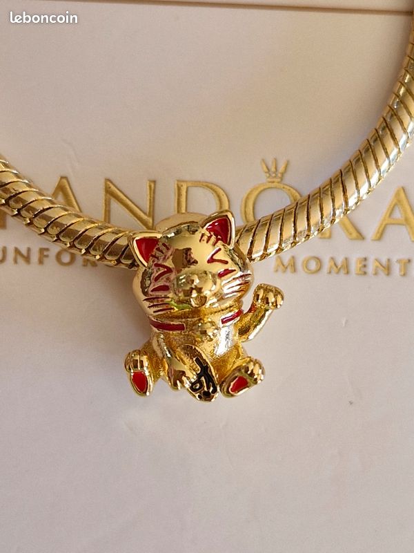 Charm Chat Porte-bonheur 🐱 Maneki Neko S925 plaqué or Compatible