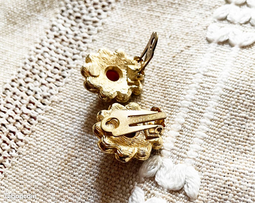 Boucles D'Oreilles Vintage Argent & Cabochon Verre Rouge Clips - Style Rétro