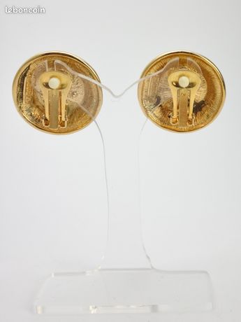 Boucles D'oreilles Clips Vintage LERITZ - Métal Doré Avec Cabochon émeraude - Occasion Rétro