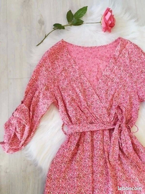 Robe été coton fleuri petites fleurs liberty rétro vintage col cache-coeur ceinture manches 3/4 (image 3)