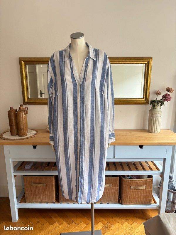 Robe H&M Femme Rayures Beige Et Bleu - Taille 40, Manches Courtes, Occasion Très Bon état