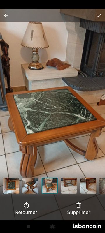 Vintage table de salon en marbre vert veiné blanc bois exotique (image 1)