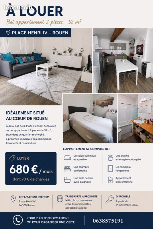 Appartement 2 pièces 52 m² · à Rouen · 52 m² · 680 €/mois