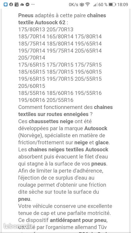 Chaussette Neige 185/65R15 sur