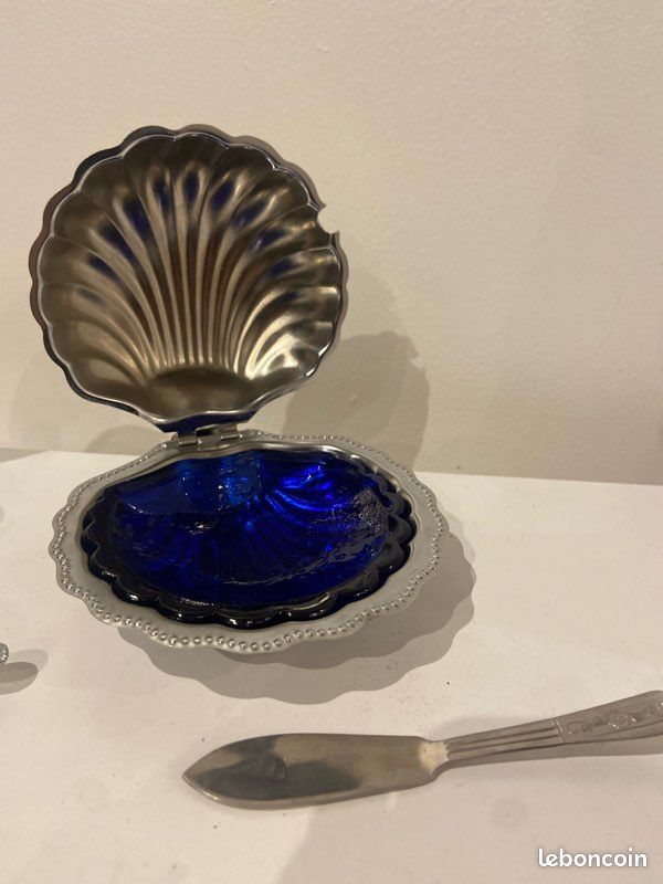Beurrier Vintage En Inox Et Verre Forme Coquille Saint-Jacques Déco Rétro