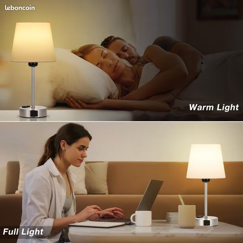 Lampes de chevet tactiles dimmables 3 niveaux avec ports USB-A+C & 2 prises – Blanc lot de 2 (image 4)