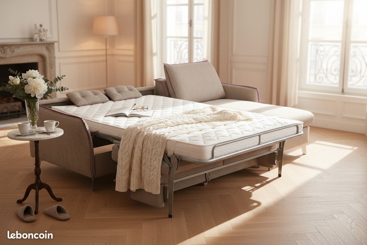 Canapé d'angle convertible méridienne beige avec matelas 14cm d'épaisseur haut de gamme (image 1)