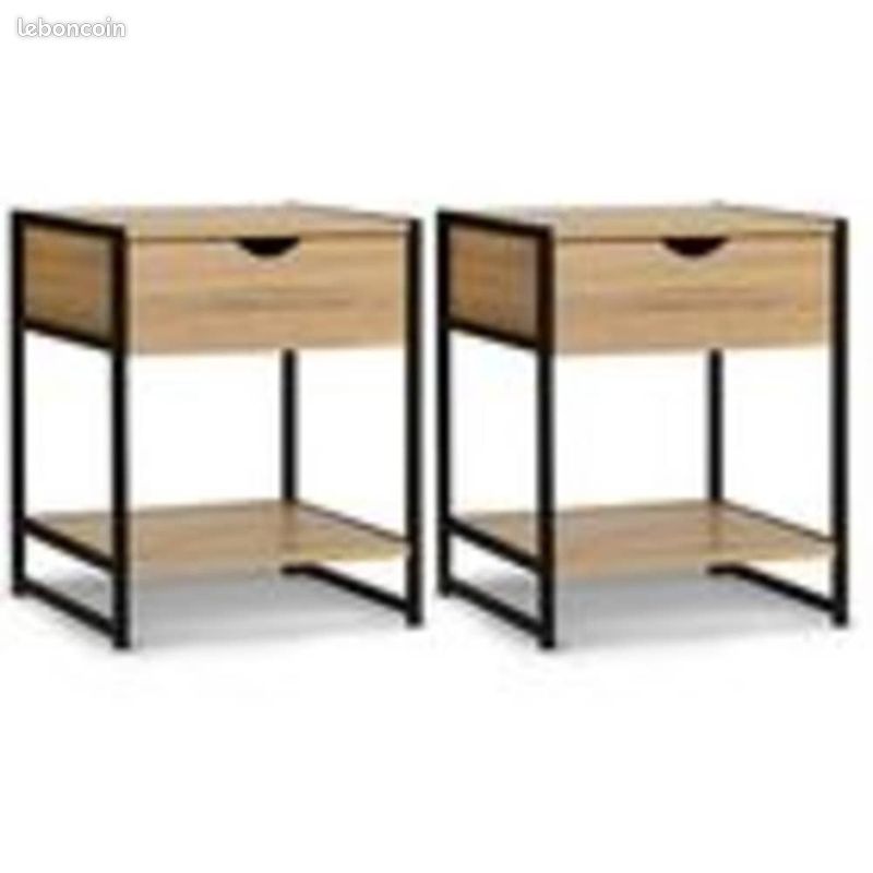 Lot de 2 Tables de Chevets + 1 Tiroir Design Industriel Meuble Marron Noir Bois Métal (image 1)
