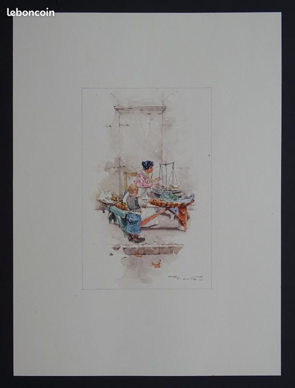 La Pesée primeur marchand petit métier Aquarelle originale vers 1895 dessin ancien 19e J-E MENTA (image 2)