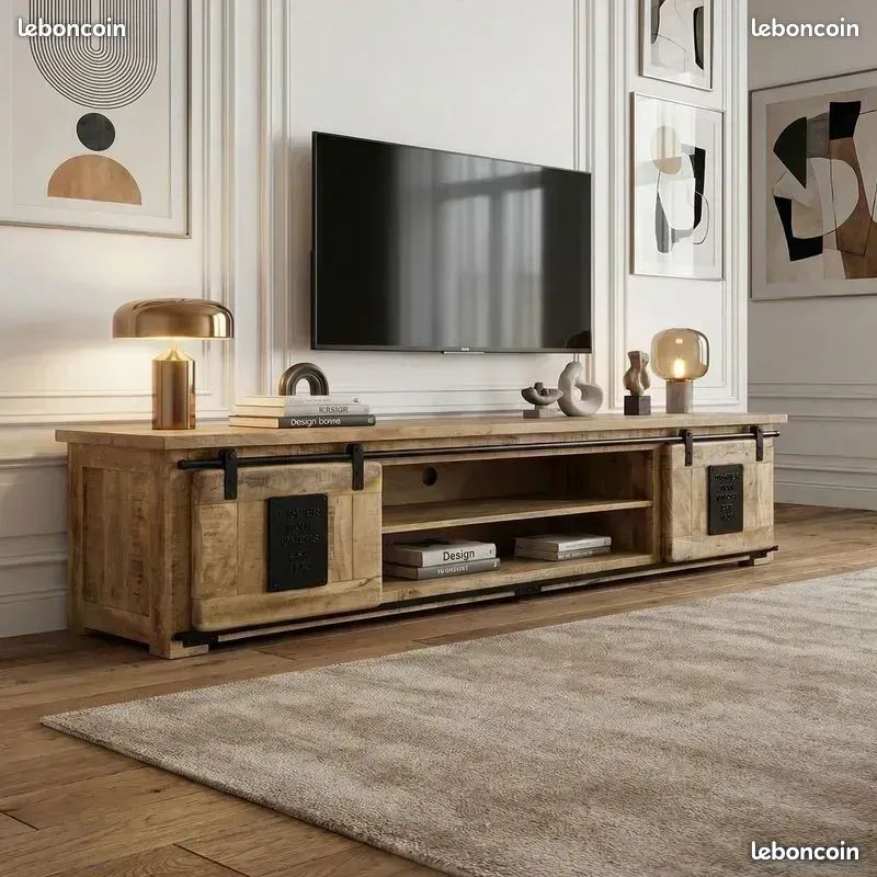 ⭐ Meuble TV 180 cm RAILWAY Bois massif manguier - Modèle Exposition ⭐ Retrait en magasin (54) (image 1)