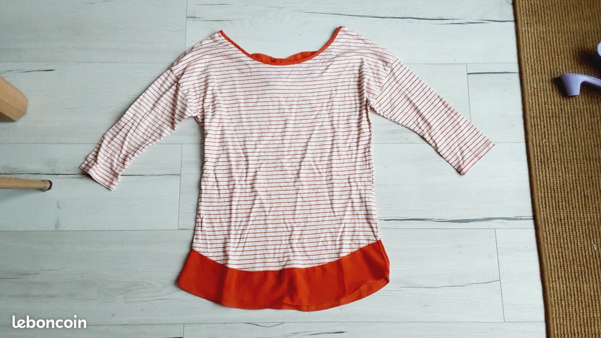Vêtement femme top haut tee-shirt manches mi longues rayé orange