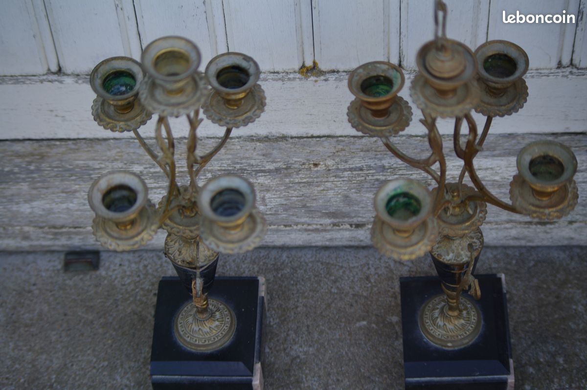 Paire de chandeliers anciens métal doré et marbre (image 5)
