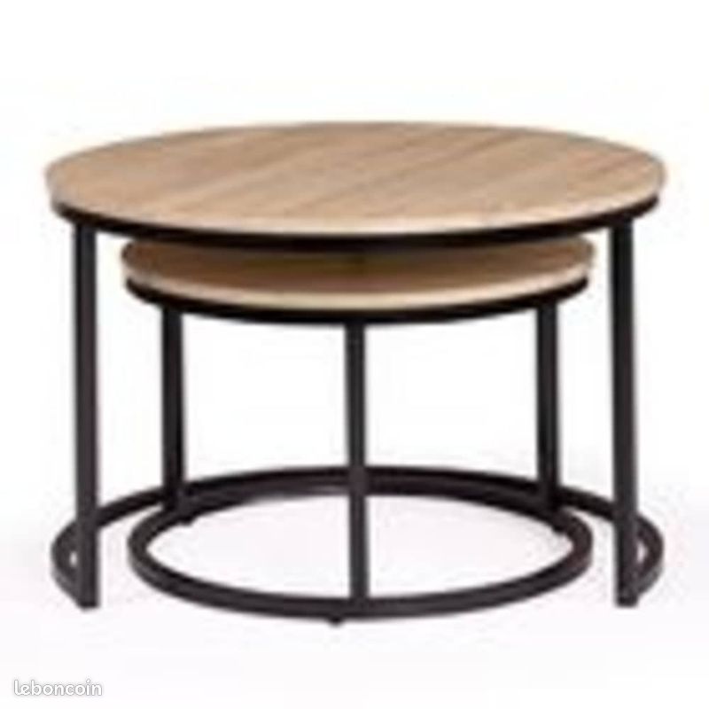 Lot de 2 Tables Basses Gigognes Rondes – Design Industriel Bois et Métal – Tables d'Appoint Modulables & Imbricables (image 3)