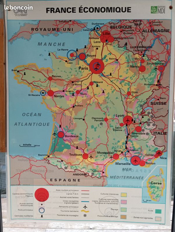 Carte de géographie scolaire vintage années 60 plastifiée,la France économique, France populaire au verso ,(75E),(60E) domicile vendeur (image 2)