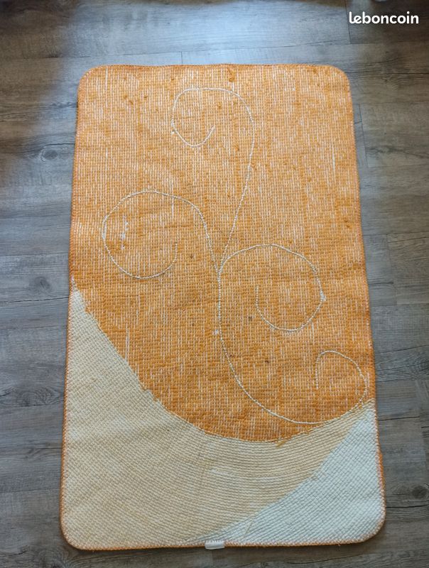 GRAND TAPIS NAPPERON VINTAGE LAINE TRICOT FAIT MAIN COLORÉ ORANGE