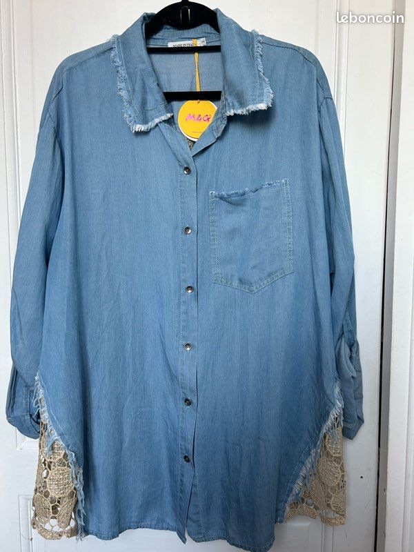 Chemise, veste en lyocel bleu jean et broderie anglaise beige, doré - TU jusqu’au 52 - neuve (image 1)
