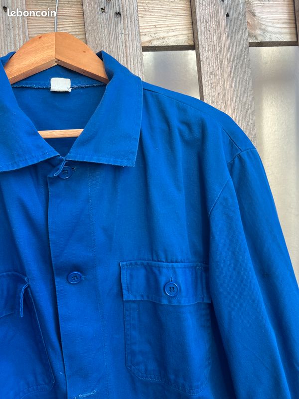 Chemise De Travail Bleue Ancienne - Rapiécée, Usée - Idéale Décoration Vintage / Atelier