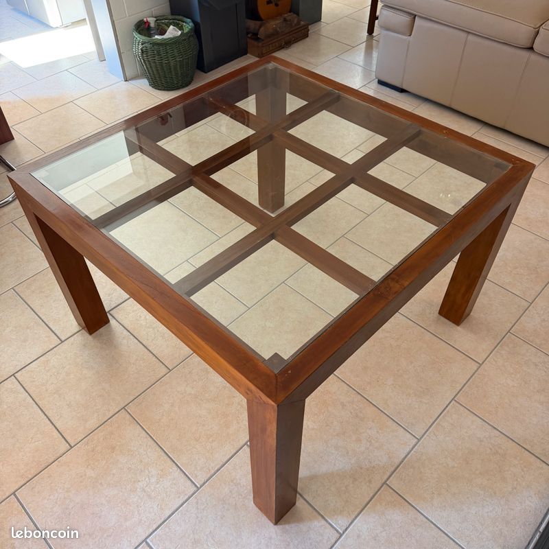 Table carrée salle à manger bois et vitre 120 x 120 cm (image 2)