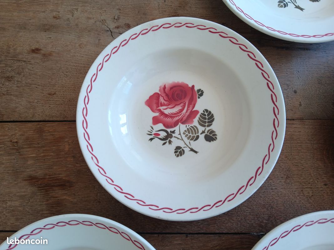 Lot De 6 Assiettes Creuses Anciennes – Faïence Belge Nimy – Motif Rouge