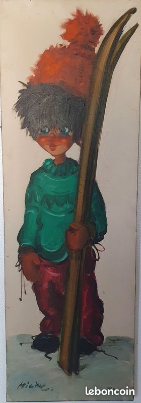 Michel THOMAS Poulbot au ski 1964 HUILE sur TOILE gamin gavroche de PARIS (image 5)