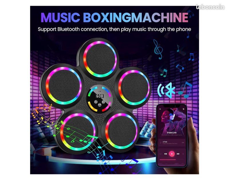 Kamoly Machine De Boxe Musicale LED Murale – Bluetooth, Compteur Intelligent, 2 Paires Gants – Entraînement Boxe à Domicile Enfant & Adulte