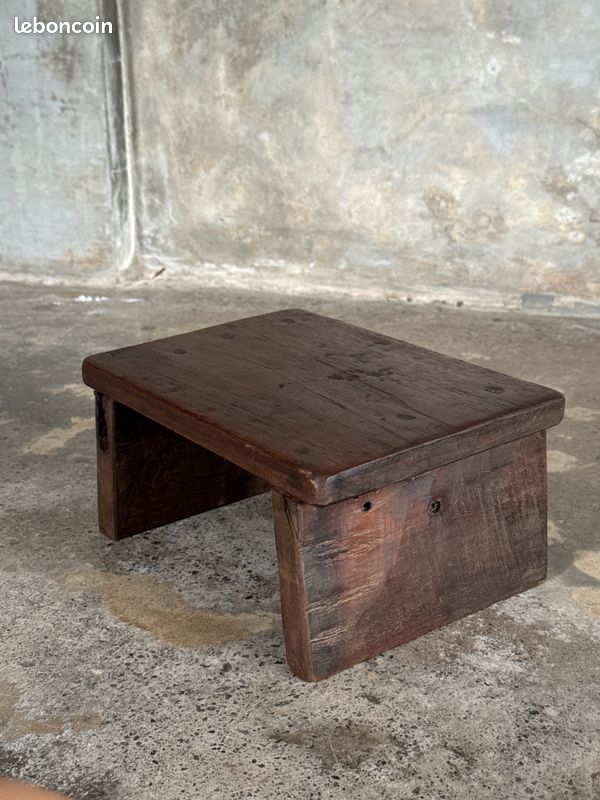 Petit tabouret d'appoint en teck upcyclé traces de chromie verte pied (3278) (image 11)