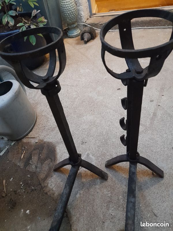 Paire de Chenets à bol avec porte broche anciens (image 4)