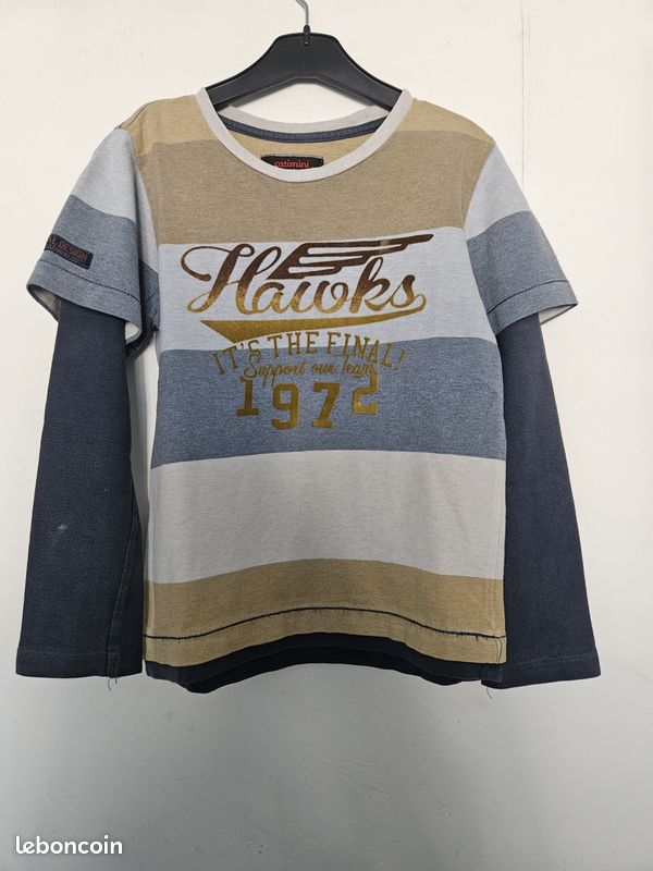 T-shirt Garçon Catimini Taille 5 Ans, Rayures Bleu Gris Jaune, Manches Courtes